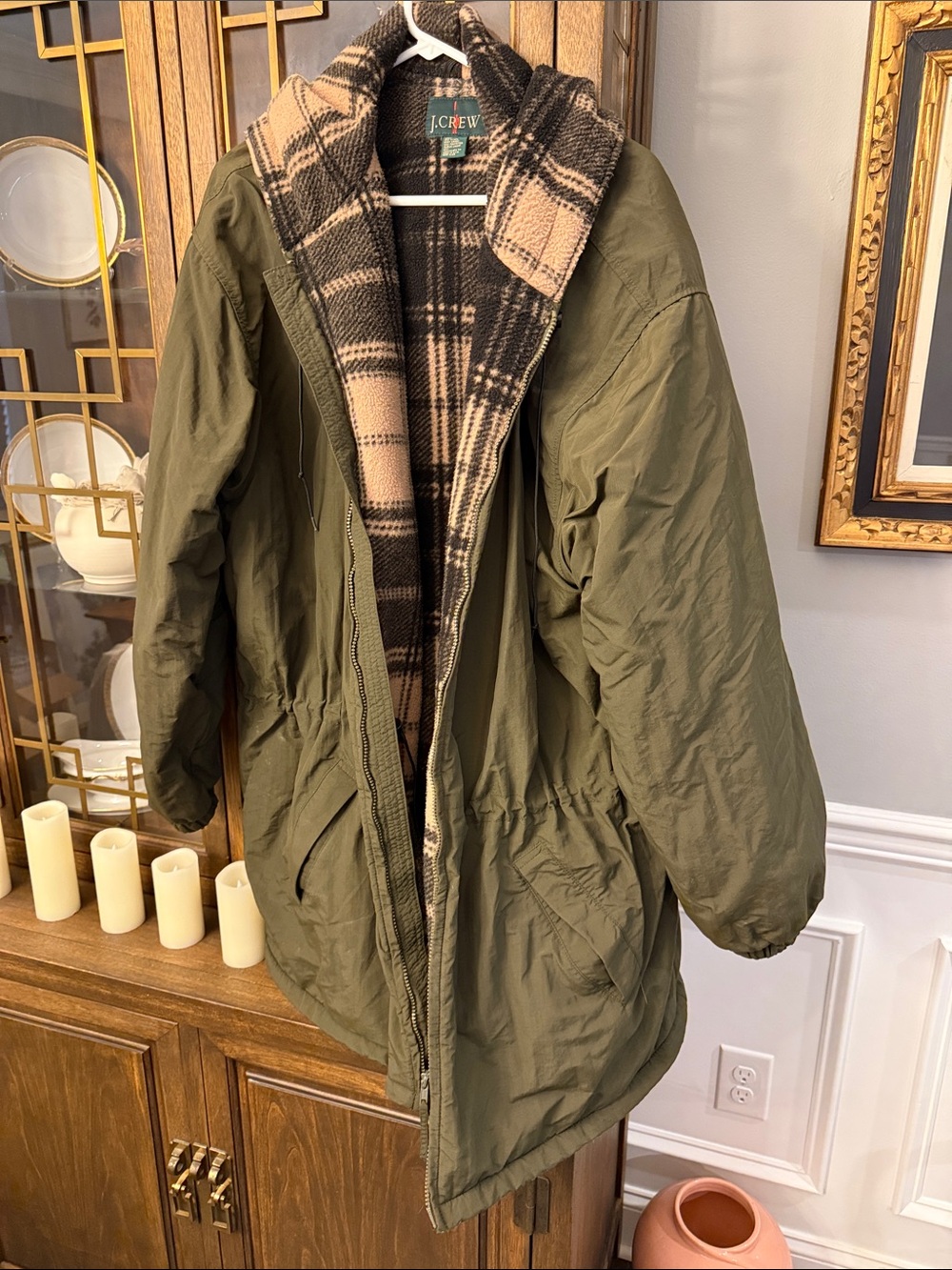 90’s Vintage J. Crew Olive Green Parka with Tan and Black Plaid Lining